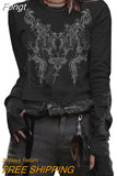 Women Vintage T-shirts y2k Clothes 2023 Harajuku Crop Top T-shirt Graphic Gothic Grunge Long Sleeve Top Fall Winter