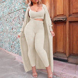 Women's autumn and winter fashion solid color sexy suspenders long coat trousers plush suit women's three-piece set Vestidos-Outfit