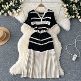 Fongt Version Of Fashion V-Neck Short-Sleeved Striped Knitted Dress Women Thin Senior Sense 100-Folded Dress Women Summer