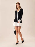 Fongt 2025 New Short Dress Women's Fashion Lotus Side Knitted Dress Long-Sleeved Little Scented Style Dress