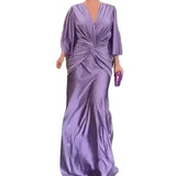 Fongt Summer New Fashion Sexy V-Neck Pleated Solid Color Loose Dress-Outfit