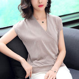 Fashion V-neck Temperament Short Sleeve Chic Pullovers for Women Blouses 2023 Solid Color Office Lady Bright Silk