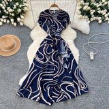 Fongt Summer New Small High-End Sense V-Neck Short-Sleeved Waist Irregular Open-Fork Print Dress Women's Long Dress