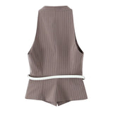 Fongt Temperament With Belt Striped Set 2025 Spring V Collar Vest High-Waisted Trousers Woman
