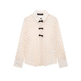 Fongt Bow Ornament Wave Point Printing Casual Shirt 2025 Spring And Summer Long-Sleeved Loose Women's Top