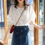 Cotton Lace O-neck Casual Blouses Plus Size Summer New 2021 Korean Fashion Women's Lantern Sleeve Loose Shirts