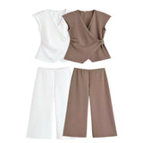 Fongt New Women's Pin Texture Sleeveless Vest Shirt Casual Trousers Two-Set