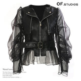 Fongt New Domineering Splicing Mesh Perspective Leather Locomotive Jacket Jacket Women 1656
