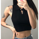 Women Knit Vest Crop Tops Sleeveless Turn-down Collar Hollowed Solid Slim Fit Summer Club Party Tanks