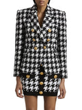 STREET Newest 2023 Fall Winter Designer Jacket Women's Slim Fitting Lion Buttons Double Breasted Houndstooth Tweed