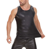 Fongt Men's Sexy Soft Lacquer Leather Vest Bright Leather Close-Fitting T-Shirt Size Accurate No Smell-Outfit