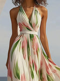Fongt Women's Sleeveless V-Neck Digital Print Belt Dress Dress