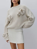 Fongt Casual Women 2025 Autumn New Three-Dimensional Flowers Stitching Design Long-Sleeved Loose Knitting Top