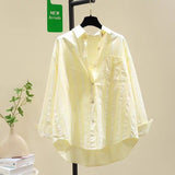 Fongt 2025 Spring And Autumn New Korean Version Of Small Fresh Cardigan Striped Single Pocket Loose Lanky Long Sleeve Shirt Woman