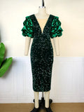 Fongt Sexy V-Neck Pile Sleeve Dress High-Waist V-Back Party Slit Dress Dresses Dresses