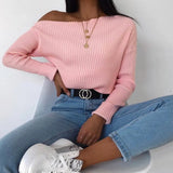 Fongt Women's Spring New Sexy Fashion Long-Sleeved Knitted Shirt Slanted Shoulder Sweater Top Woman
