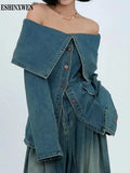 2024 Autumn Women Denim Blouse Patchwork Slash Neck Off Shoulder Single Breasted Wasit Solid Color Tops TH4518-Outfit