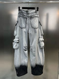 Gradient Multiple Pockets Design Jeans Women's Single Button High Waist Denim Pants 2023 Autumn Female New-Outfit