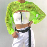 Crop Tops Mesh Fishnet Solid Shirt Blouse Beach Casual Long Sleeve Hollow Out Hoodies Pullovers Sun Protection Top