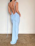 Women Sexy Long Dress Slim Backless Tie Up Solid Halter Sleeveless Strap Summer Clubwear Beach Ruched Dress Vestidos-Outfit