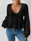 Fongt V-Neck Drawstring With Lotus Leaf-Side Skirt Knitted Head Sweater