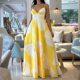 Fongt Spot Dress Flower Beach Dress Print Sling Medium Long Dress-Outfit