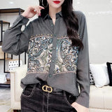 Vintage Printed Blouse Casual Loose Turn-down Collar Spring Autumn Pockets Commute Single-breasted Stylish Beading Shirt-Outfit