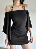 Fongt New Retro Stripe Shoulder Horn Sleeve T-Shirt Hottie Beaded Neck Small Repair Body