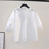 Fongt Lantern Sleeve Cotton Shirt Women Loose Design Casual Shirt 2025 Summer Art Light Blue Top