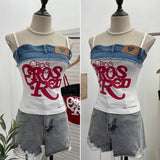 Fongt Letter-Print Spliced Denim Sling Vest Repair Outside The Hot Babes Bumpy Short Sleeveless Top 2309