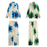 Fongt Casual Fashion Set Vertical Trousers Women's Autumn Big Flower Print Shirt