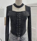 Sexy Hollow Hanging Neck Cowboy Splicing Mesh Strap With Irregular Long-Sleeved T-Shirt Short Top