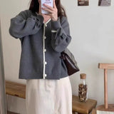 Elegant V-Collar Buckle Design Lantern Sleeves With Knitted Cardigan Autumn And Winter Korean Version Of Thin Blouse-Outfit