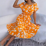 Wind Shooting Spring And Summer Leisure Leaves Short Sleeves Big Swing 100 Folded Dress Women's