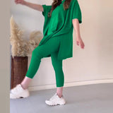 Fongt 2025 New Solid Color Round Neck Large-Size Short-Sleeved Knitted Shirt Casual Set