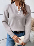 Fongt 2025 New Fashion Lace V-Neck Sweater Solid Color Loose Long-Sleeved Knitwear Shirt
