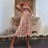 Fongt Spring And Summer New Print Open Shoulder With Chest Sexy Rest Lotus Leaf Sleeve Dress 8058-Outfit