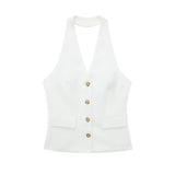 Fongt New Women's Folding Decoration High-Waist Wide Leg Pants Leak Back Hanging Neck Vest