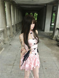 Fashion Bow Lace Up Strapless Tops Wome+ Y2k E-Girl High Waist Ruched Cake Skirts 2024 Summer New Two Piece Sets-Outfit
