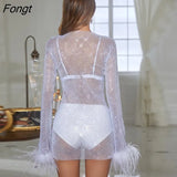 Sexy Long Sleeve Feather Dresses for Women 2022 Fashion Rhinestone Female Clothing Hollow Out Fishnet See Through