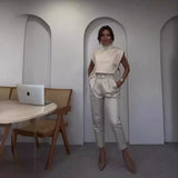 Fongt 2025 New Solid Color Flying Sleeve Drifting With Short Tops To Wear Straight Trousers Set