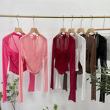Sexy Hot Tie Tie With Hanging Neck Long-Sleeved Mesh T-Shirt Repair Short Open Fork Cuff Top