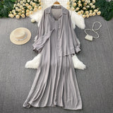 Fongt Wind Leisure Two Sets Of Women Loose Outside Thin Long-Sleeved Shirt Cover Skinny Sling Dress