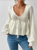 Fongt V-Neck Drawstring With Lotus Leaf-Side Skirt Knitted Head Sweater
