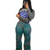 Fongt Women's Explosive Fashion Fashion Trend Multi-Pocket Tie Jeans High-Rise Straight Trousers