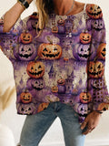 Fongt Summer And Autumn Four-Four Words Collared Linguum Bat Pumpkin Bat Halloween Print Long-Sleeved Lady Leisure