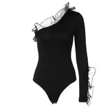 Ruffles Solid One Shoulder Long Sleeve Patchwork Sexy Bodycon Bodysuit Fall Women Party Romper Halloween Costumes-Outfit