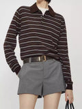 Fongt Summer New Temperament Thin Gentle And Comfortable Wash Wool Hit Striped Knitting Long-Sleeved Polo Shirt