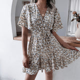 Fongt Leisure Short Sleeve V-Neck Crum Striped Lotus Leaf-Side Dress Women's Clothing