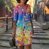 Floral Print Fashion Slim V-Neck Half Sleeve Midi